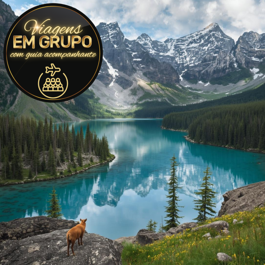 Paisagem deslumbrante de montanhas e lagos cristalinos, representando uma Viagem em grupo ao Canadá.