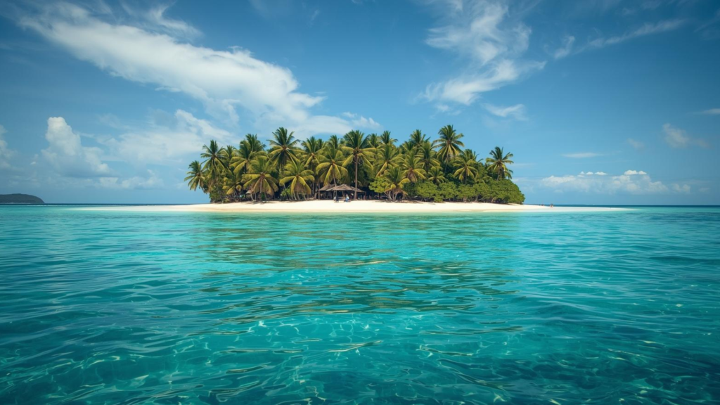 Destinos Remotos — fotografia de uma ilha isolada cercada por mar azul-turquesa, vegetação tropical exuberante e céu limpo; cenário ideal para ecoturismo e descanso.