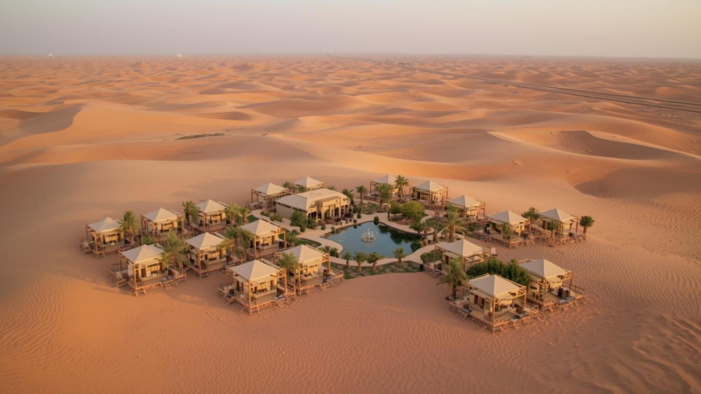 Destinos Remotos — imagem de um hotel isolado em meio ao deserto, cercado por dunas douradas e céu limpo; hospedagem exclusiva e tranquila em ambiente árido e exótico.