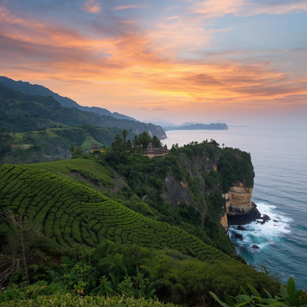 Paisagem do Sri Lanka com viajantes explorando templos e natureza ao ar livre