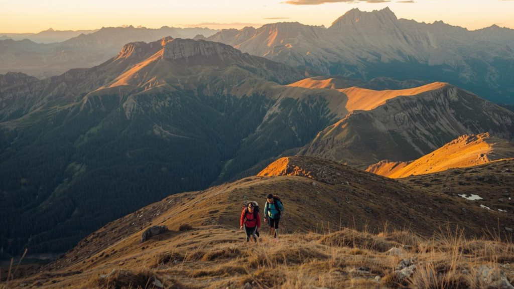 Duas pessoas subindo uma montanha em atividade de turismo ao ar livre