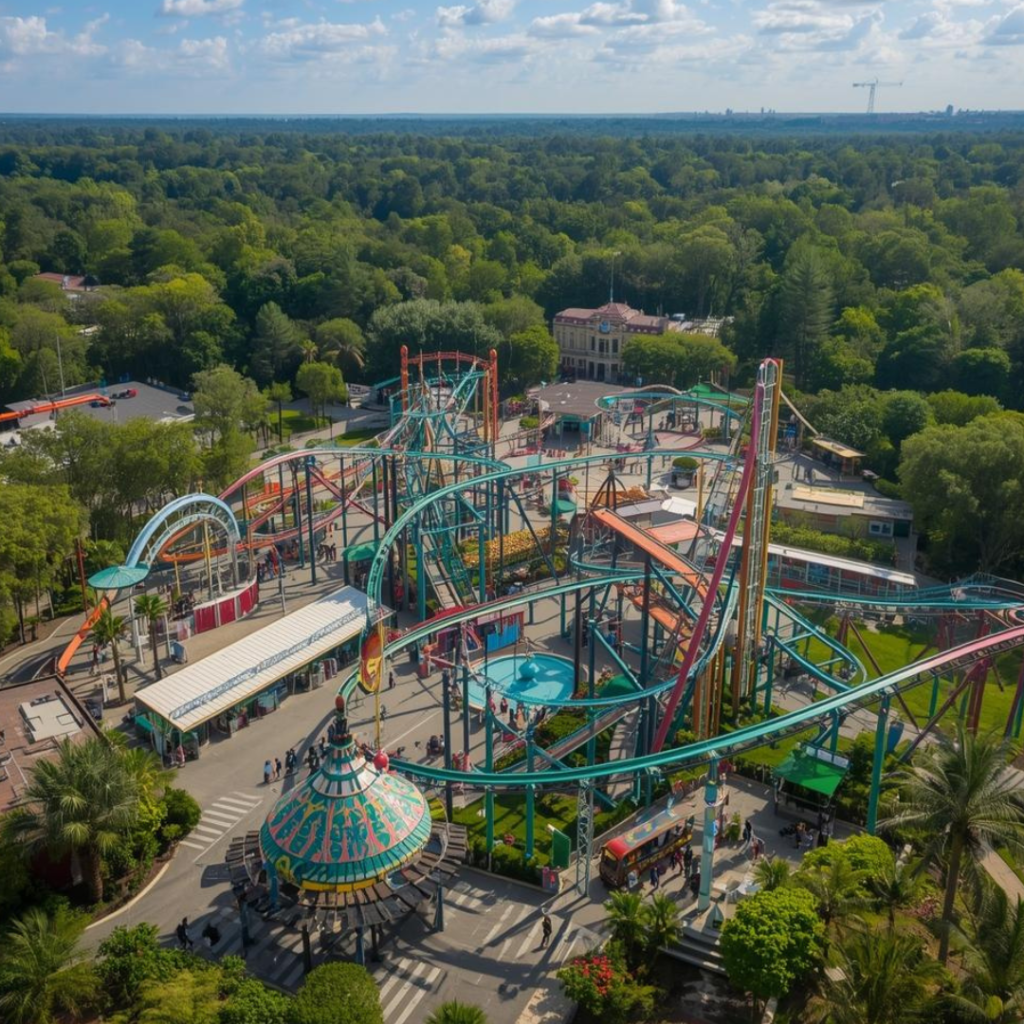 Entrada do Beto Carrero World com castelo colorido e visitantes aproveitando o parque.