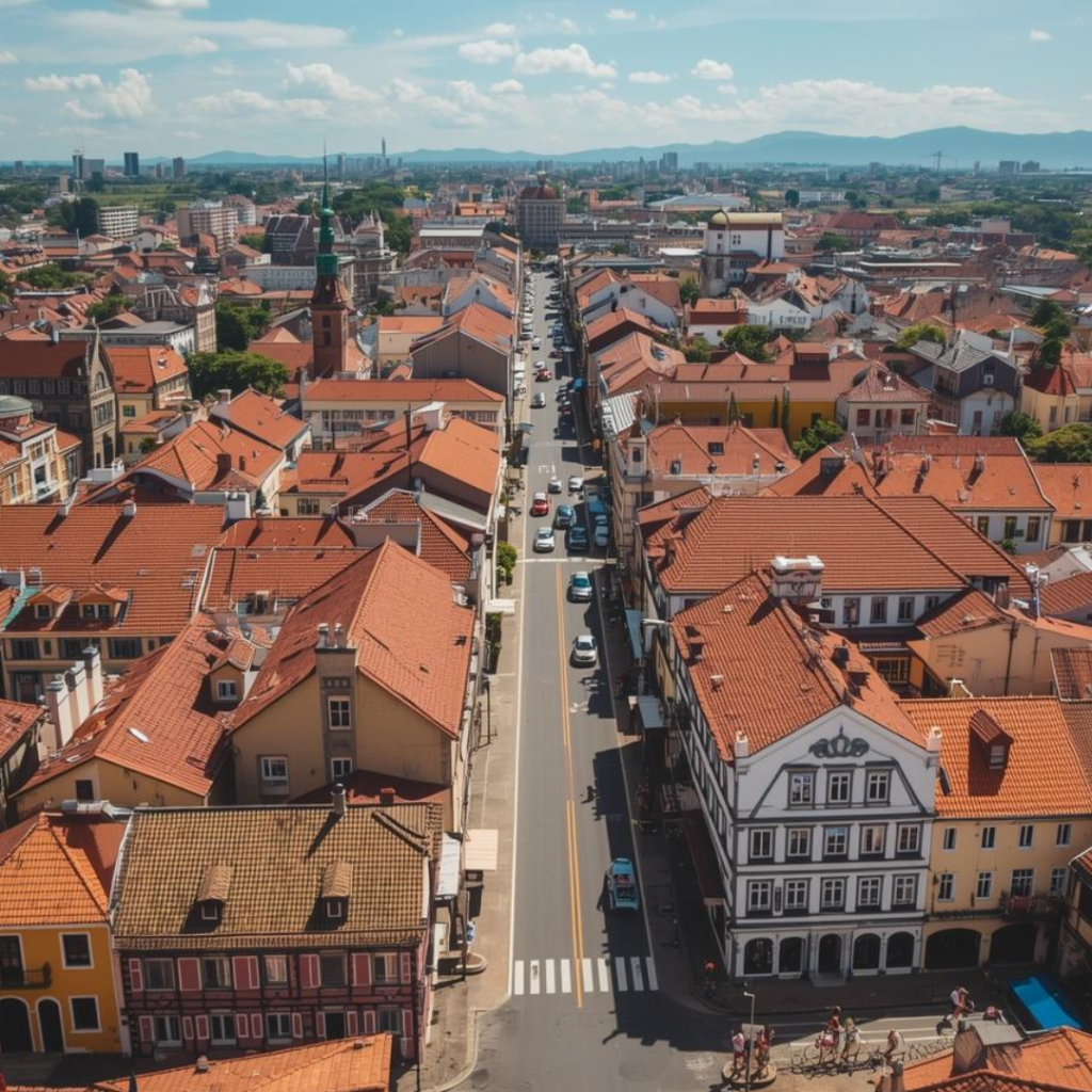 Vista de Gramado com arquitetura europeia, ruas arborizadas e clima acolhedor na Serra Gaúcha.