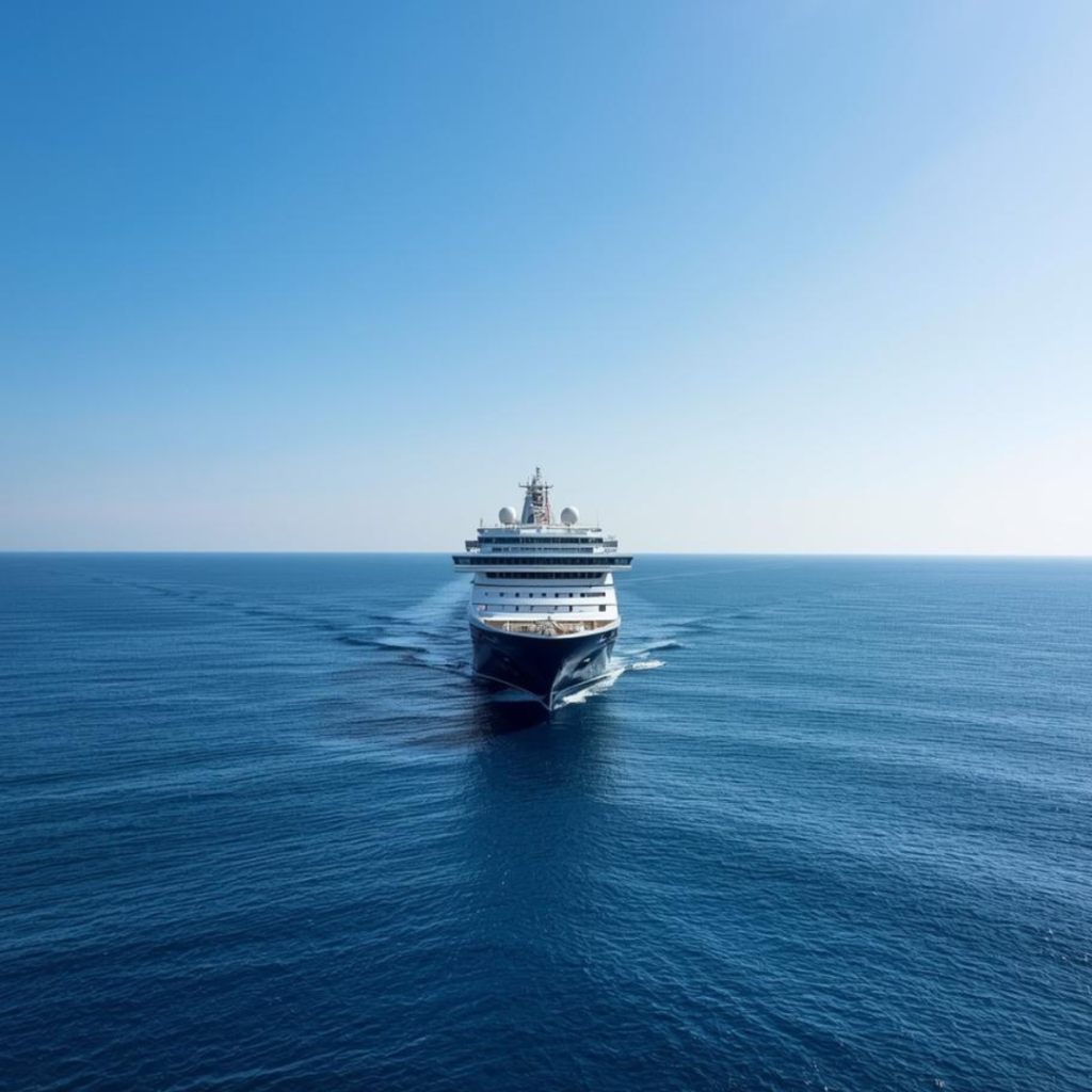 Imagem natalina a bordo do MSC Musica, navio de cruzeiro elegante, destacando a frase ‘oportunidades de última hora’.