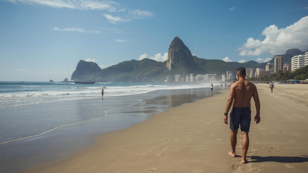 Homem caminhando pelas praias do Rio de Janeiro durante os feriadões para viajar.