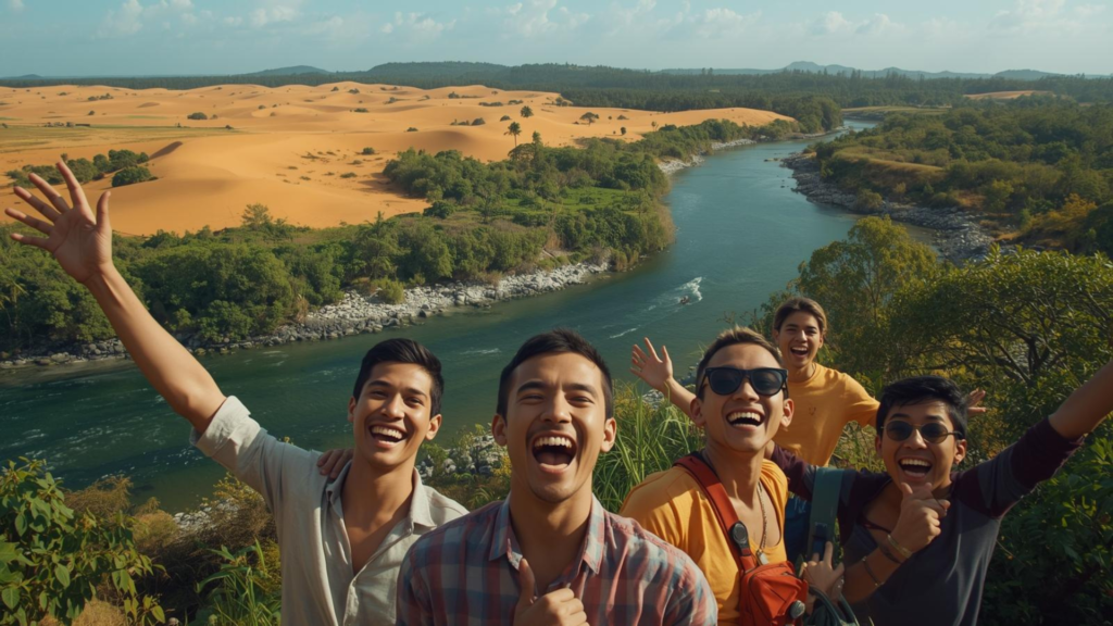 Grupo de amigos se divertindo no Jalapão durante os feriadões para viajar.