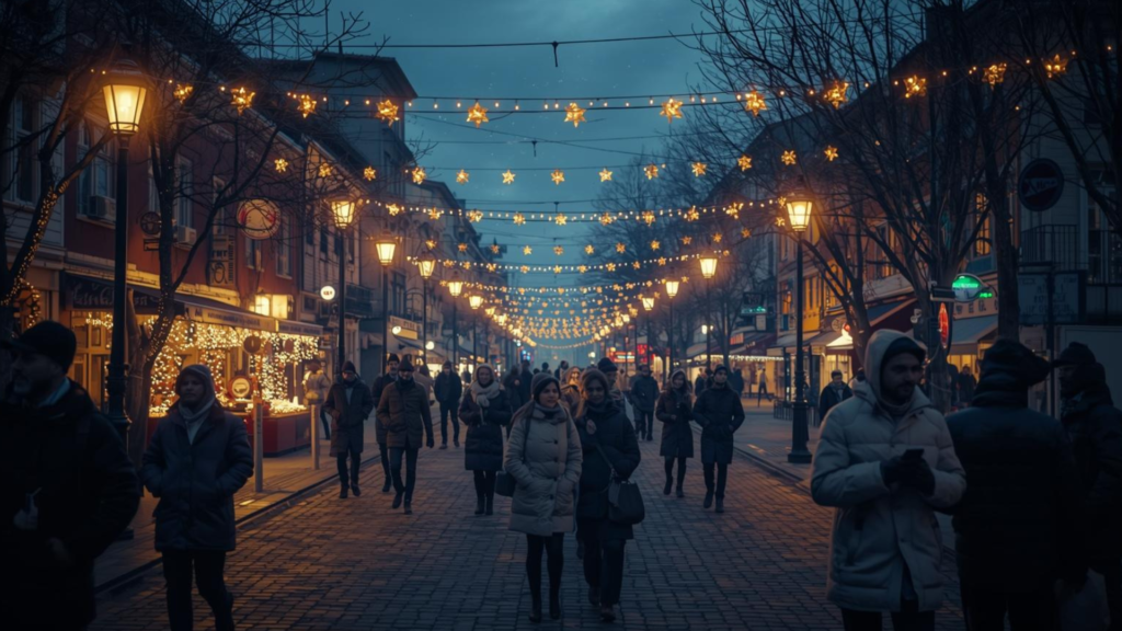 Pessoas caminhando nas ruas frias de Gramado durante os feriadões para viajar.