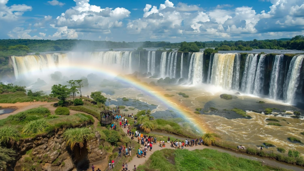 Turistas admirando as Cataratas do Iguaçu durante os feriadões para viajar.