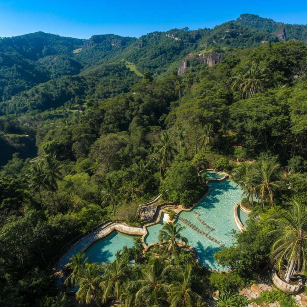 Imagem natalina em Caldas Novas, Goiás, com piscinas termais e decoração festiva, destacando a frase ‘oportunidades de última hora’.