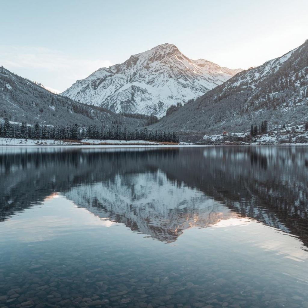 Imagem natalina em Bariloche, Argentina, com montanhas nevadas e decoração festiva, destacando a frase ‘oportunidades de última hora’.