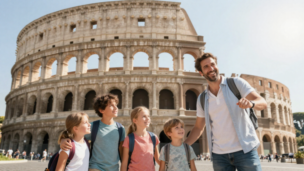 Guia turístico conduzindo grupo no Coliseu de Roma