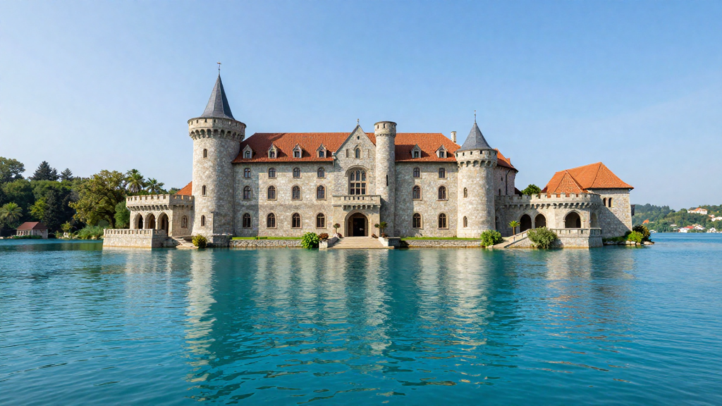 Hotel medieval à beira de lago cristalino